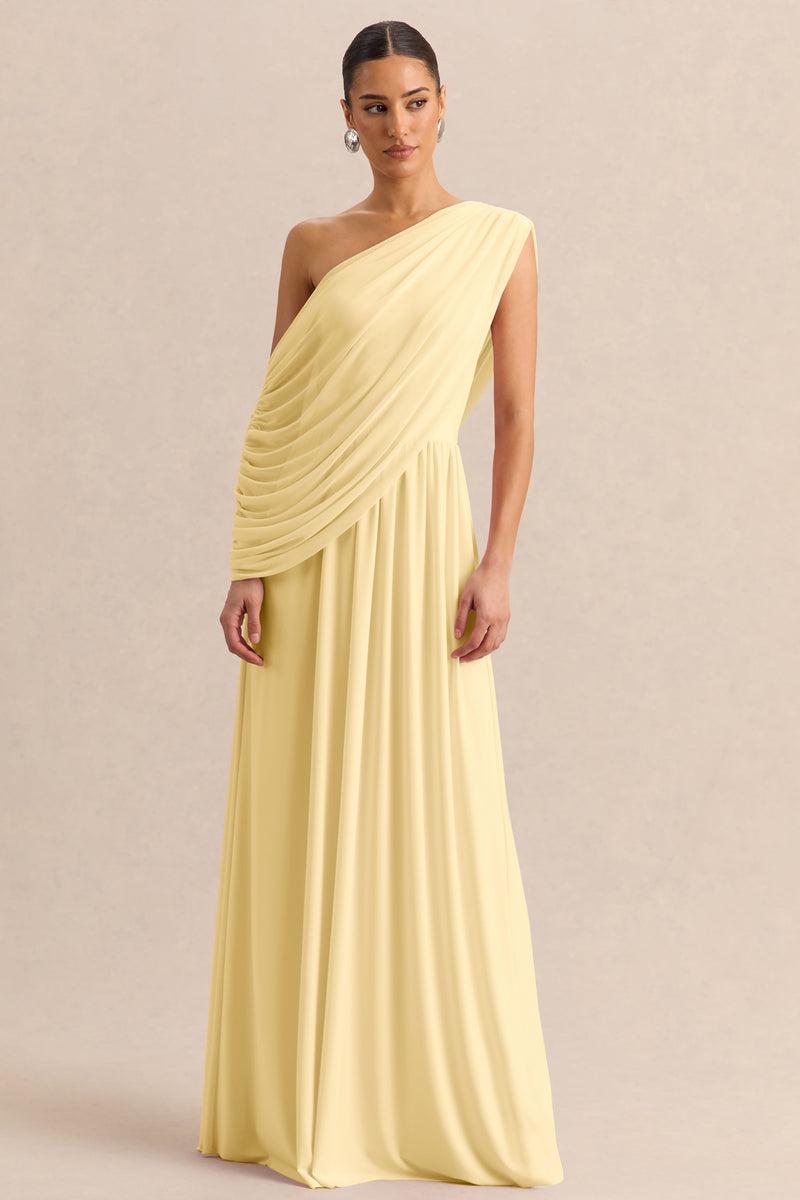 Sabianna | Vestido maxi amarillo limón de cuello asimétrico con detalles drapeados