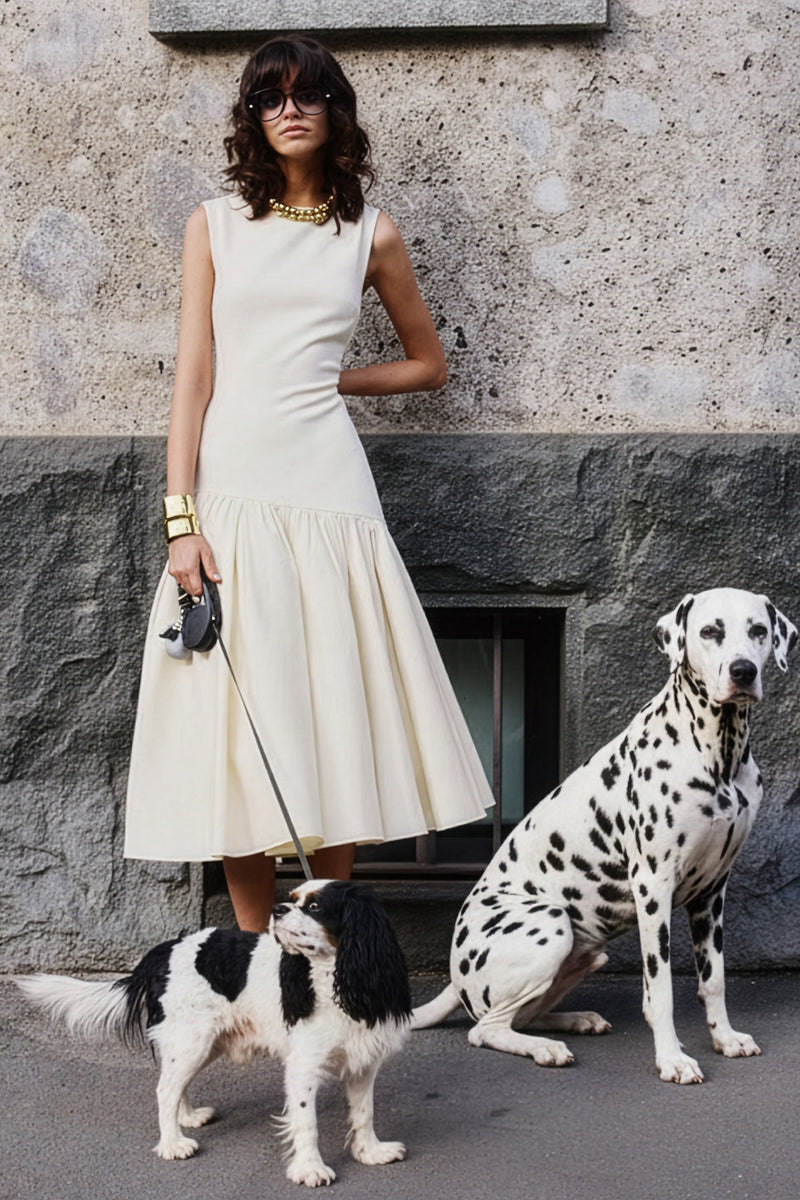 Fantasia | Vestido midi color crema con escote barco y cintura caída asimétrica
