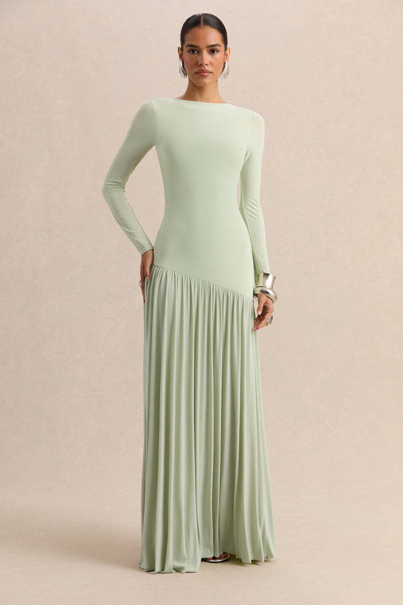 Jasira | Vestido largo color menta con cuello redondo y cintura caída asimétrica