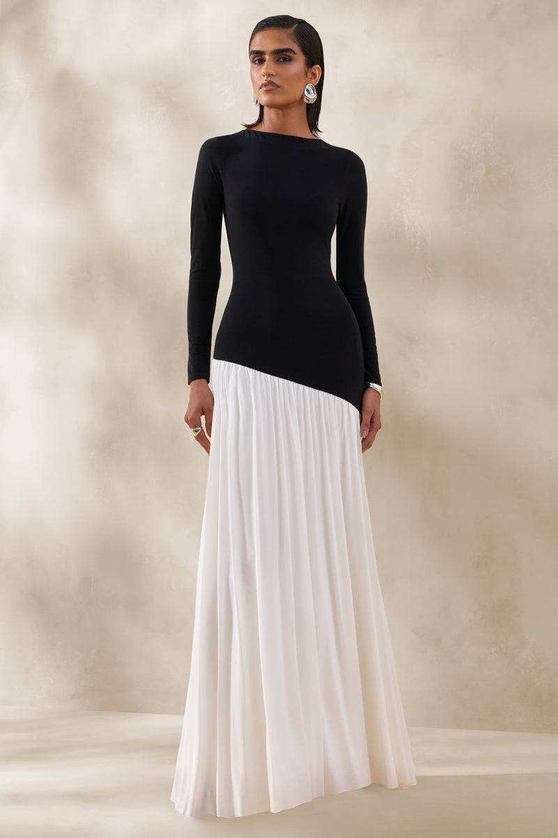 Jasira | Vestido largo blanco y negro con escote de cortes y cintura caída asimétrica