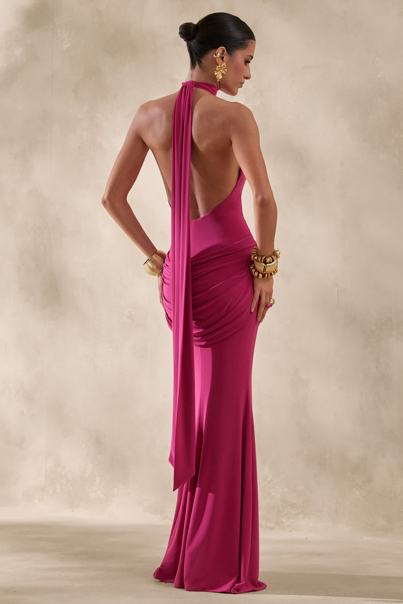 Daisy | Vestido largo rosa fucsia con cuello halter y detalles drapeados