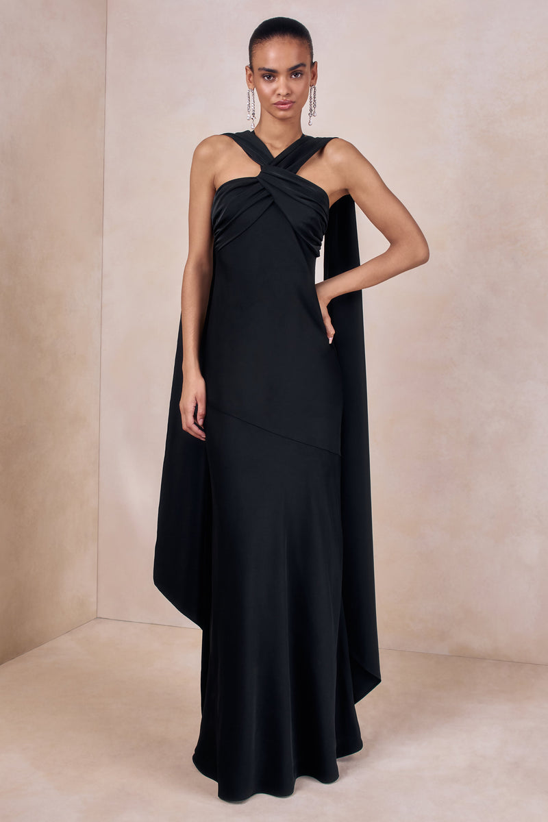 Sloane | Vestido largo de satén negro mate con escote halter y capa