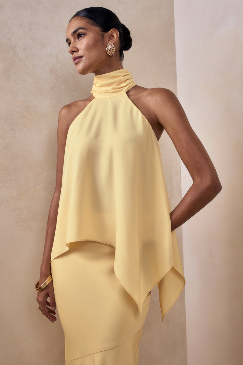 Sancelle | Top de satén color limón con escote halter