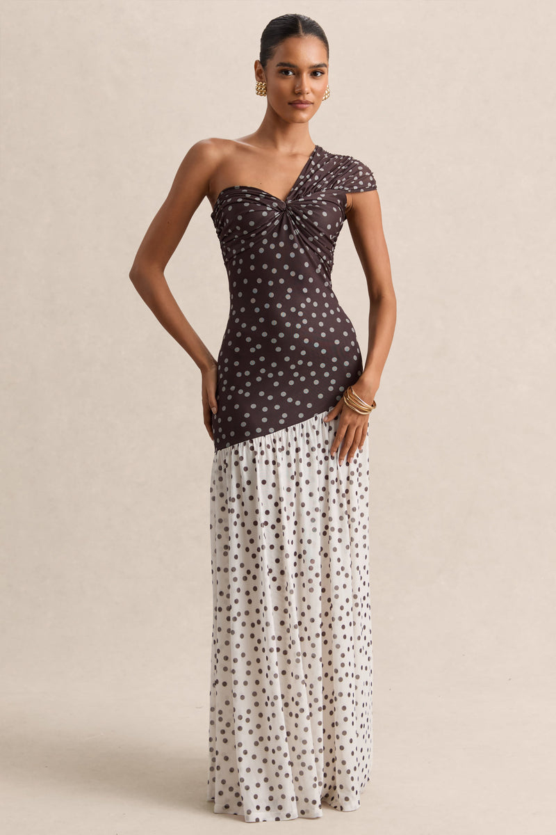 Motira | Vestido maxi marrón de lunares con escote asimétrico y cintura caída asimétrica