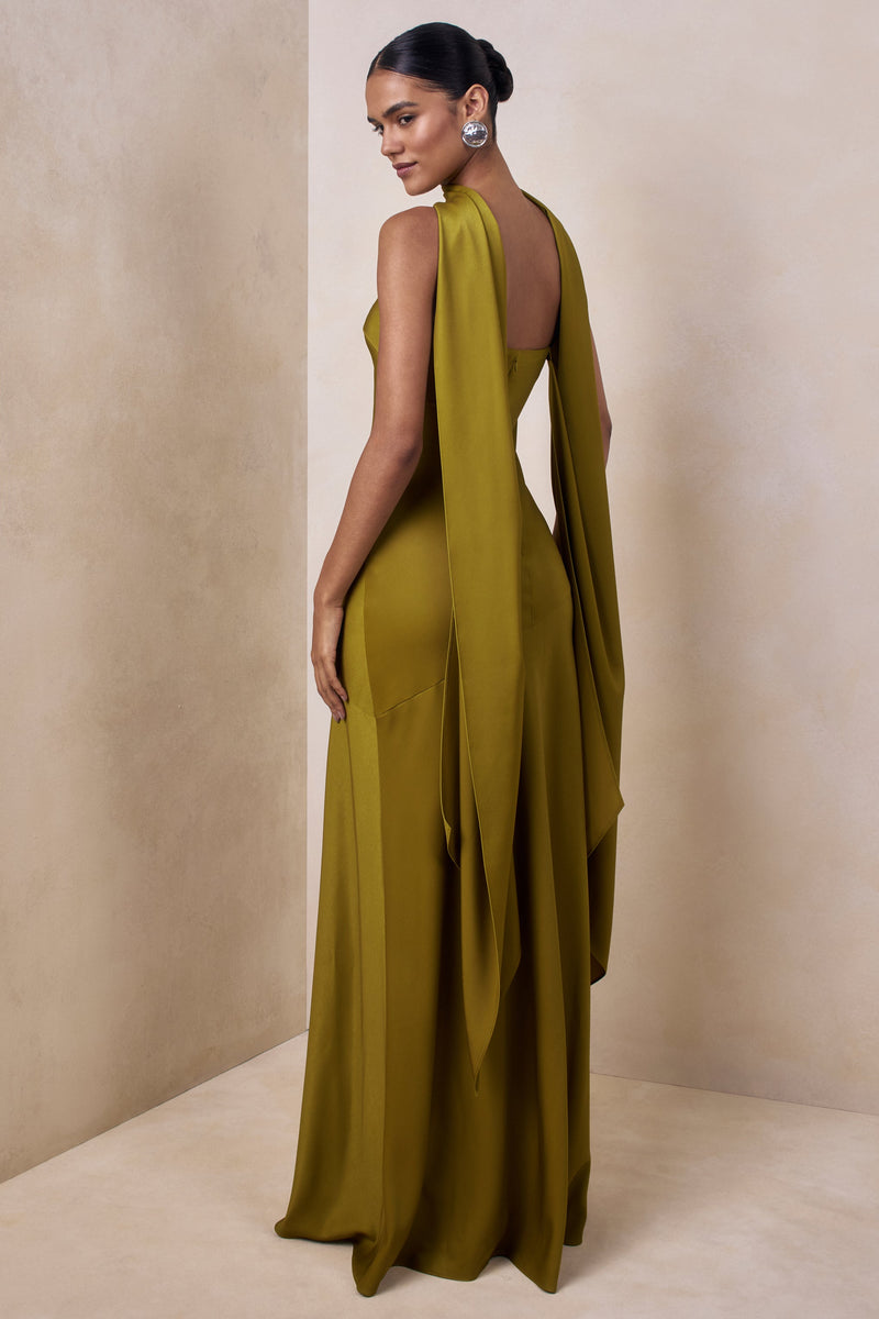 Charly | Vestido largo de satén mate color oliva, palabra de honor, con detalle de pañuelo