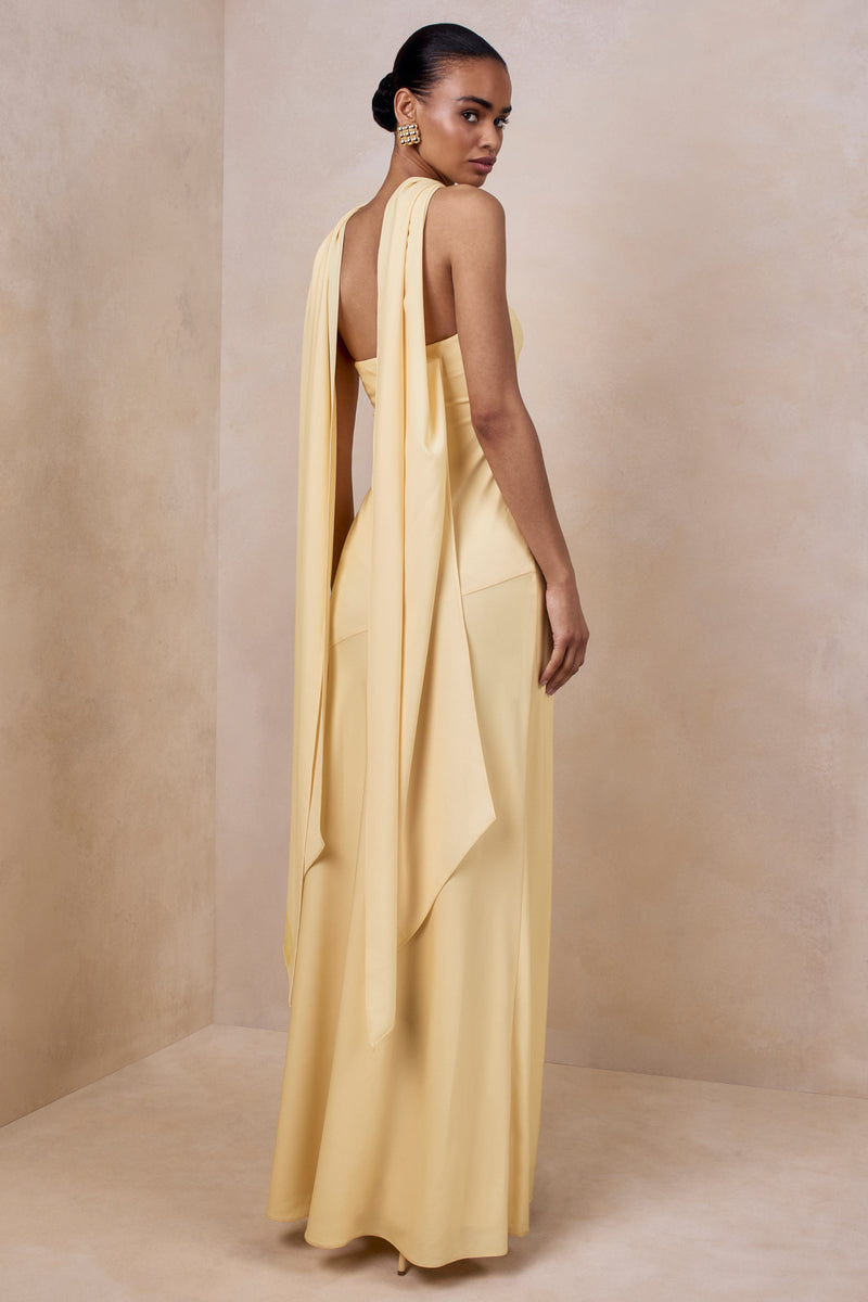 Charly | Vestido maxi de satén mate color limón, palabra de honor, con detalle de pañuelo