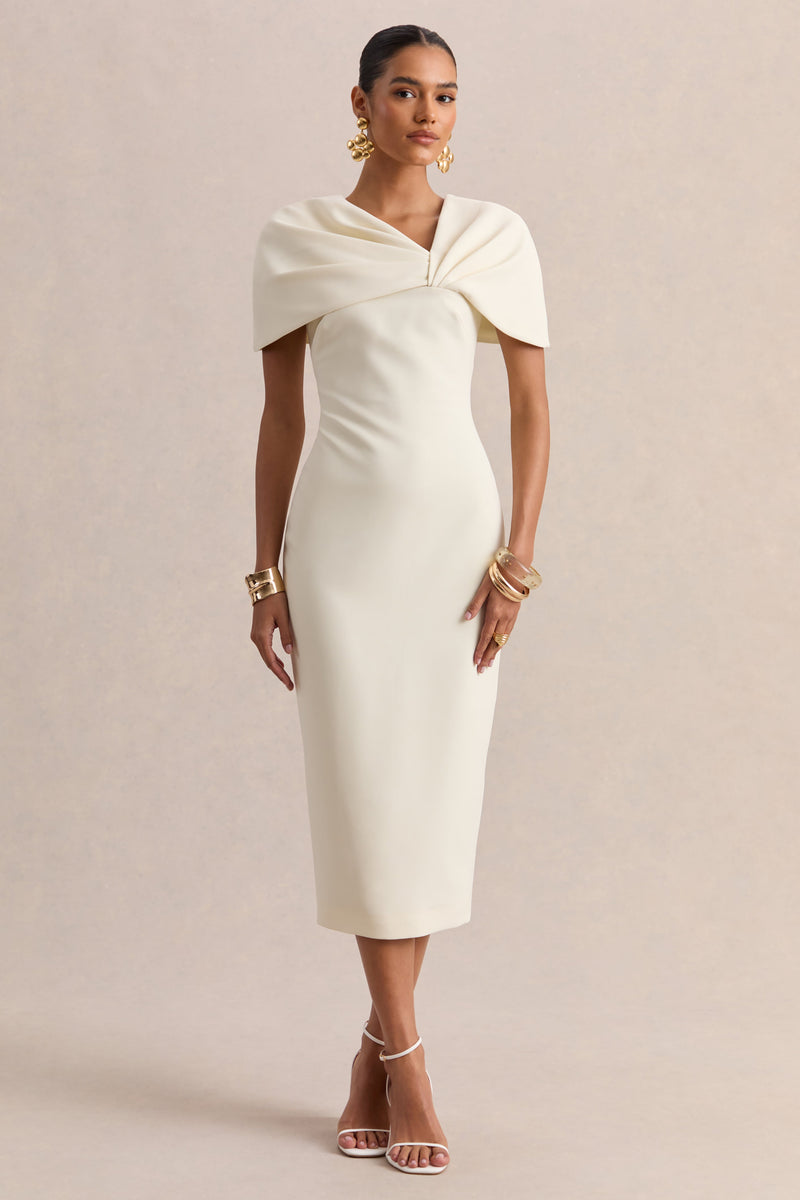 Novalie | Vestido midi color crema con escote en V y detalle retorcido