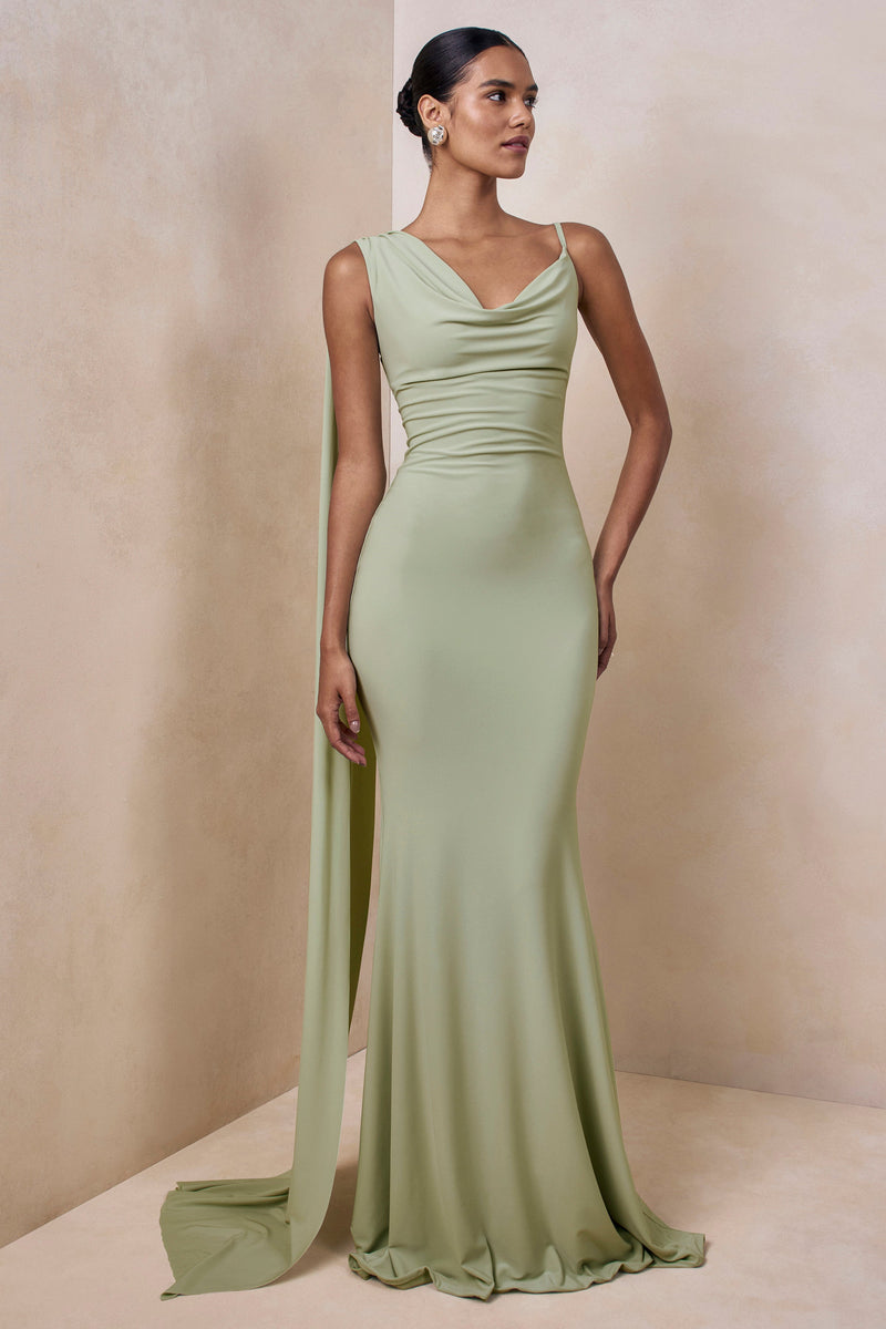 Kenza | Vestido maxi color menta con escote asimétrico y detalle de bufanda