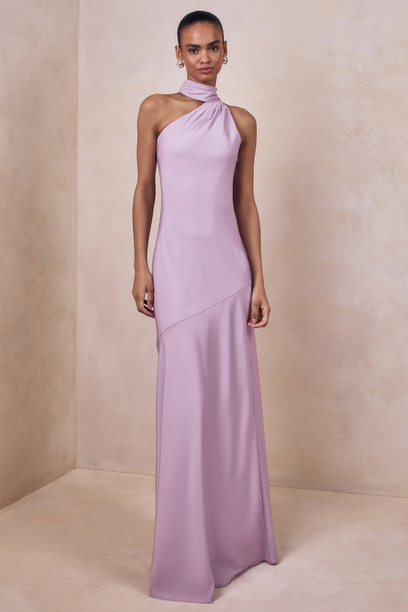 Cara | Vestido largo de satén mate lila con cuello alto