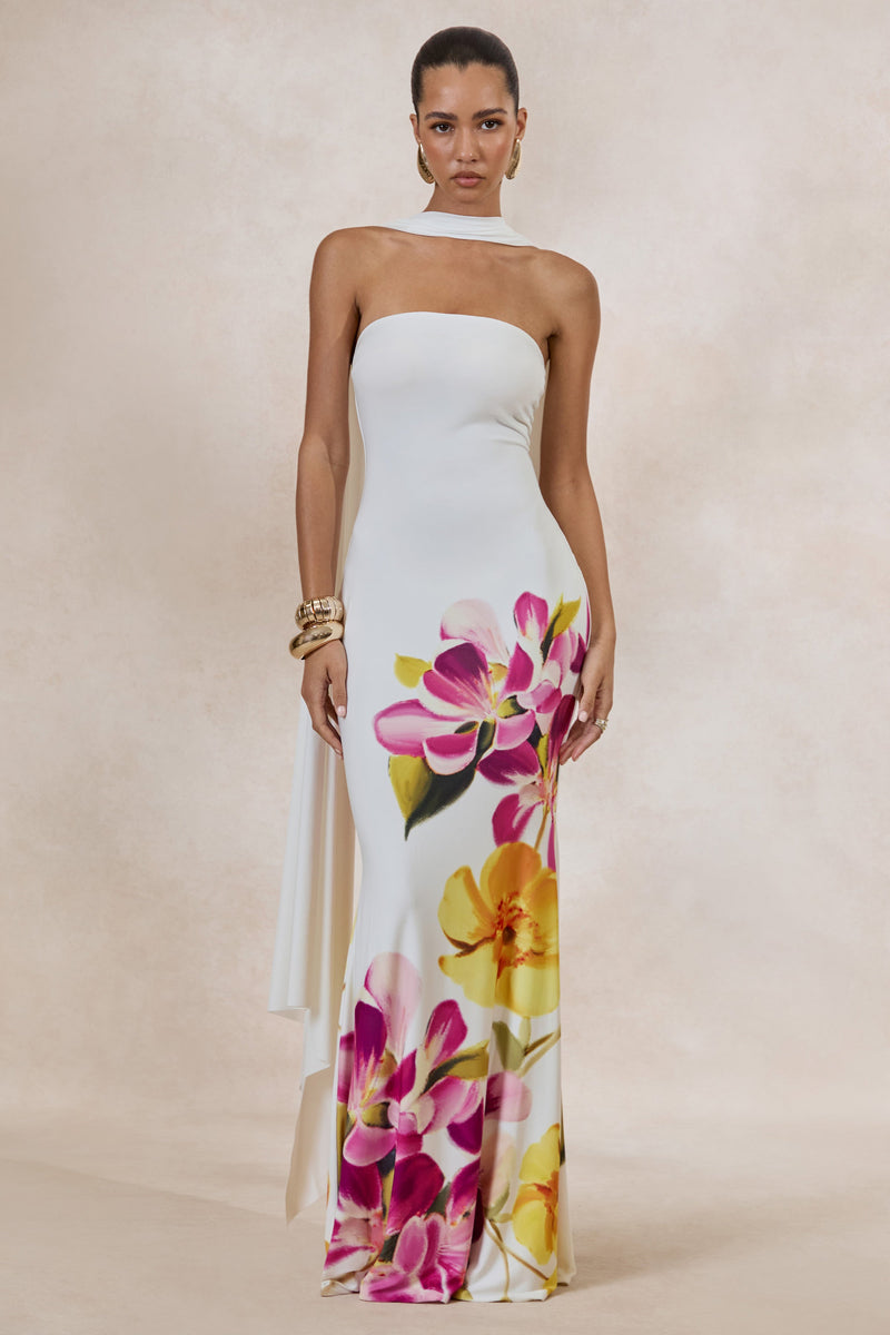 Brooke | Vestido largo con escote bandeau, estampado floral en rosa fucsia y amarillo limón, con pañuelo