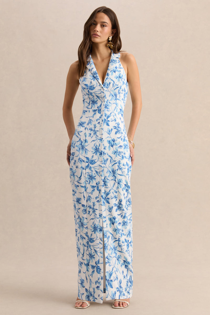 Quinn | Vestido largo entallado con escote profundo y estampado de porcelana azul