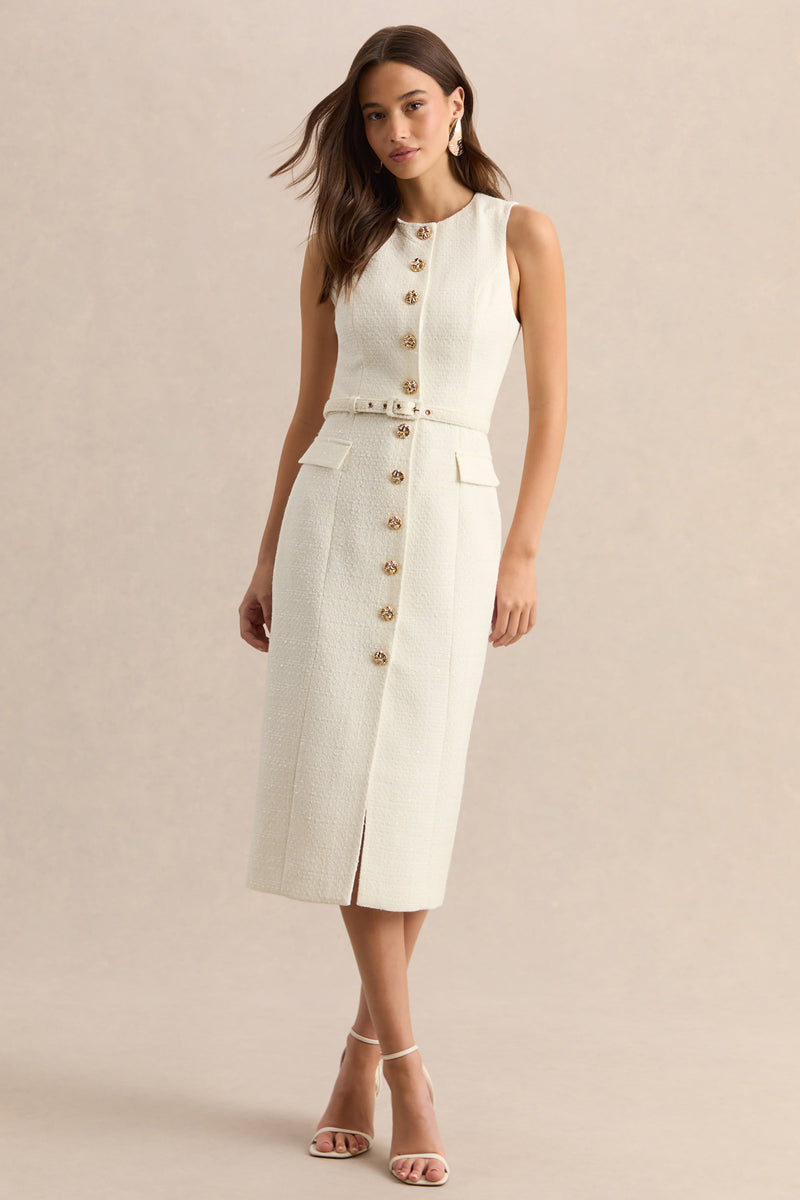 Clea | Vestido midi color crema de cuello redondo con cinturón y bolsillos delanteros