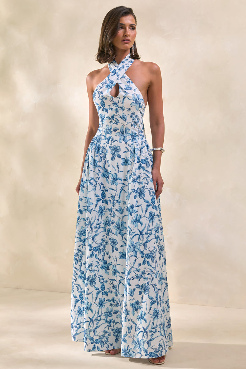 Liana | Vestido largo de cuello halter con estampado de porcelana azul