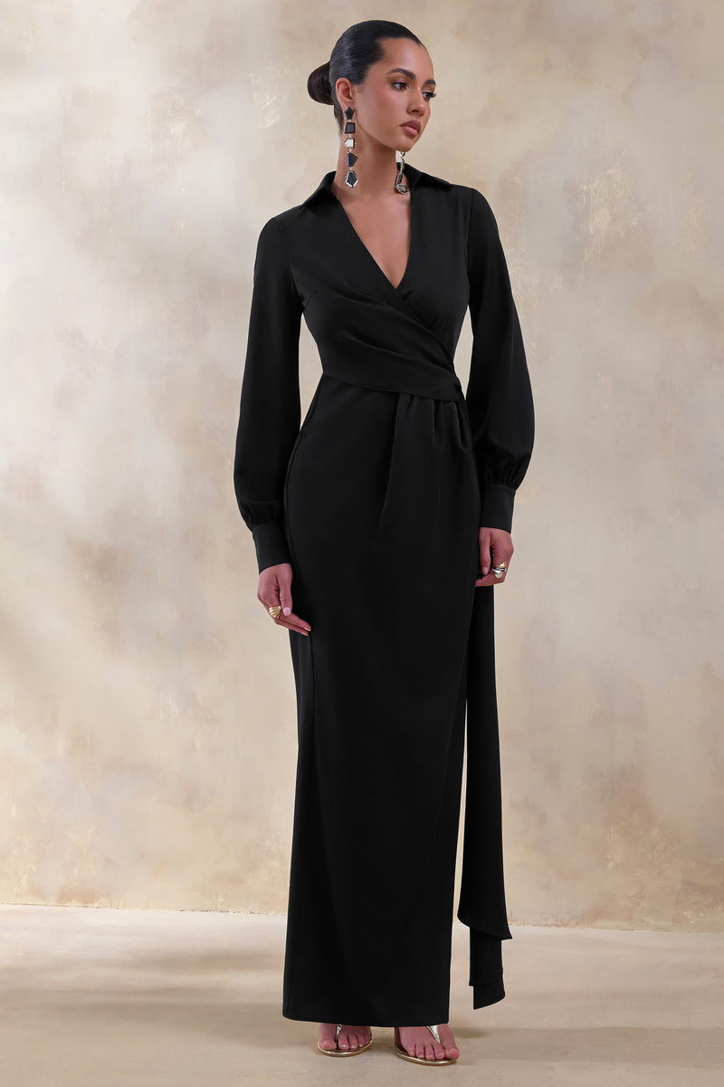 Vita | Vestido largo negro cruzado con escote pronunciado