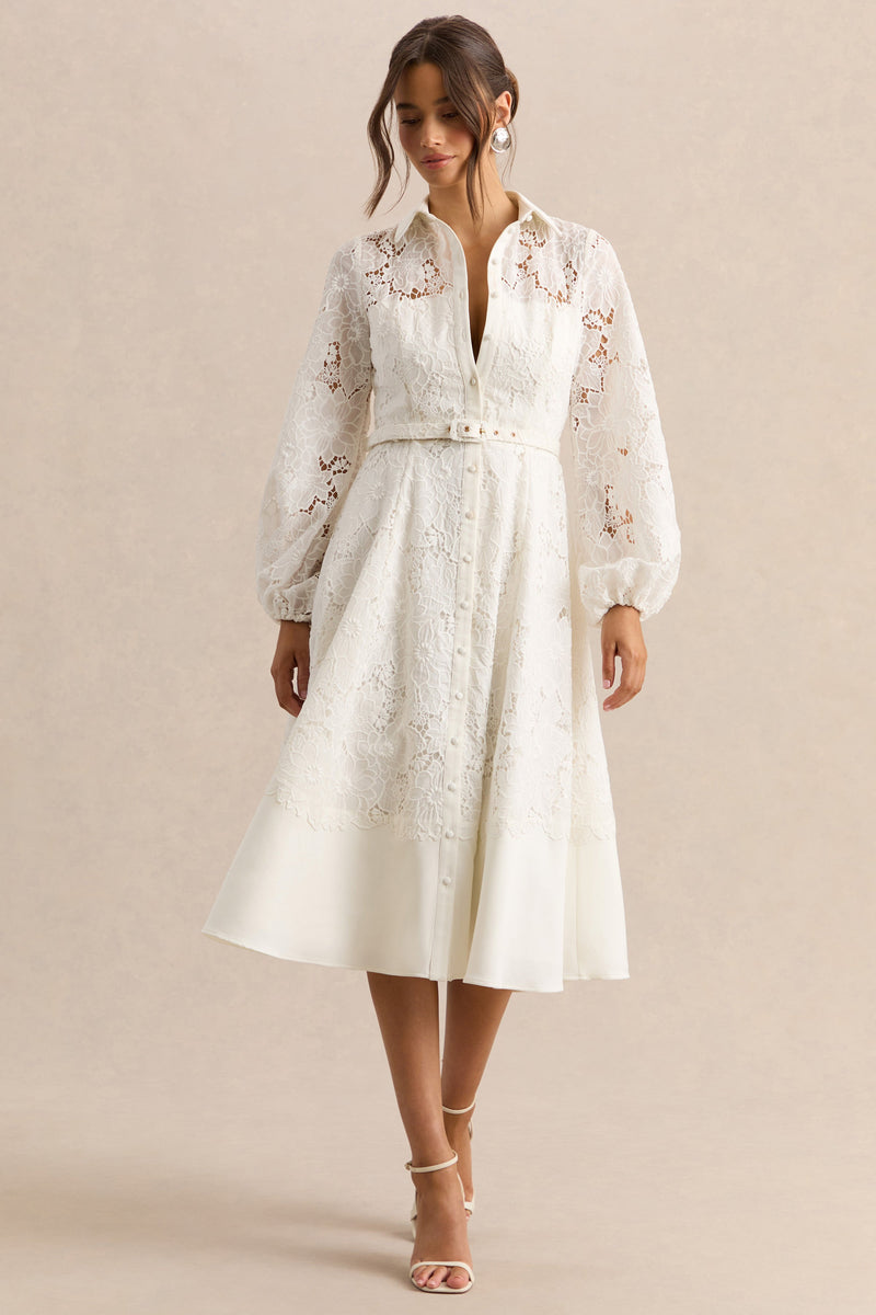 Jules | Vestido midi entallado de broderie color crema, con cuello alto y mangas abullonadas