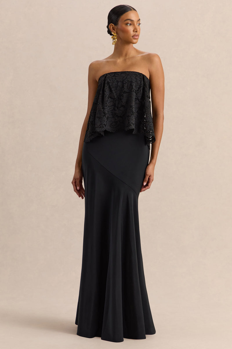 Clemency | Vestido maxi bandeau de encaje negro y satén mate
