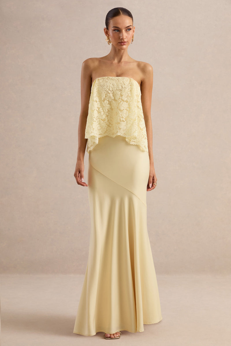 Clemency | Vestido maxi bandeau de encaje color limón y satén mate