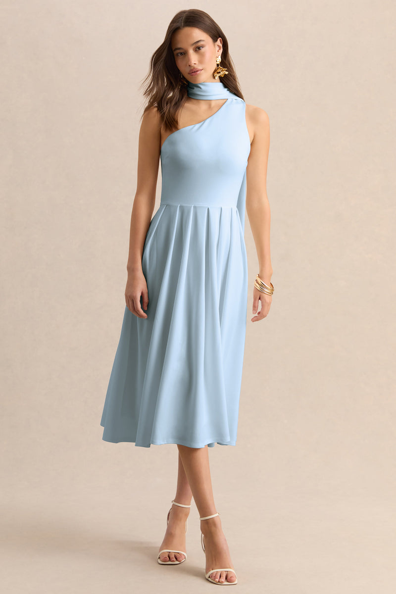 Odette | Vestido midi azul empolvado con escote asimétrico y pañuelo