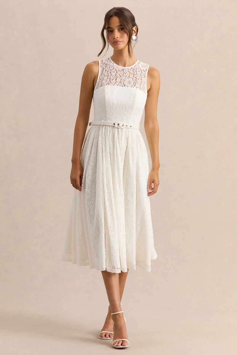 Anabella | Vestido midi blanco de encaje con cuello redondo y cinturón