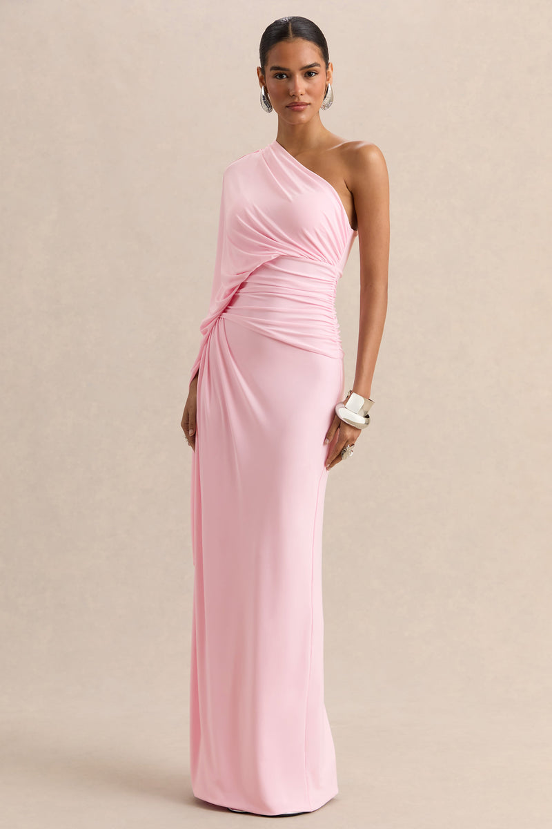 Sabella | Vestido largo rosa con escote asimétrico