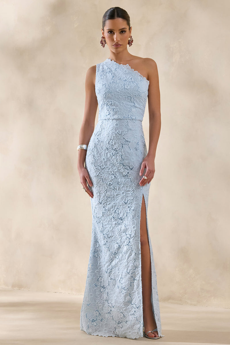 Lunia | Vestido maxi azul empolvado de bordado calado con escote asimétrico