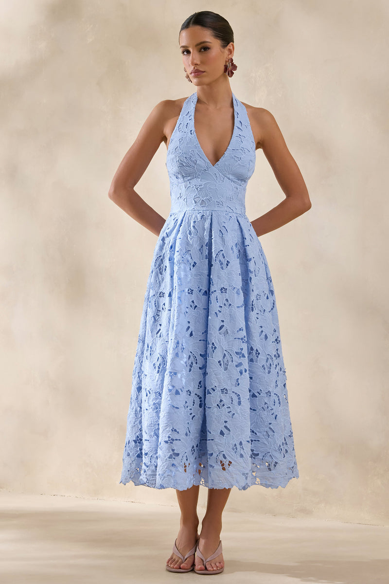 Maribel | Vestido midi de encaje azul empolvado con escote pronunciado