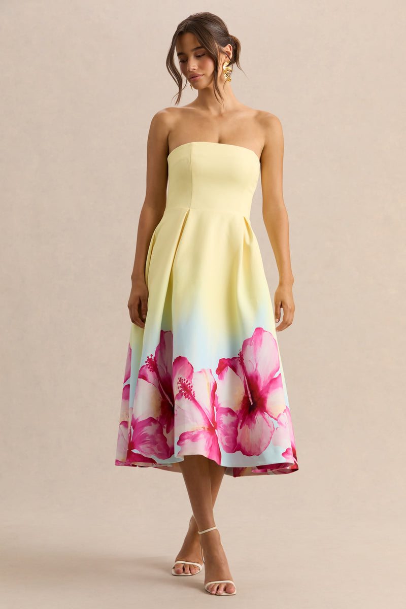 Zoya | Vestido midi palabra de honor con estampado de lirios en degradado amarillo