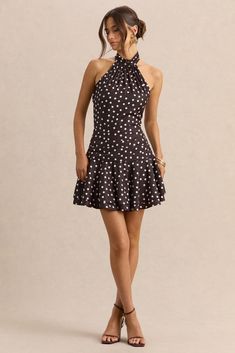 Florence | Vestido mini de satén marrón y blanco con cuello halter