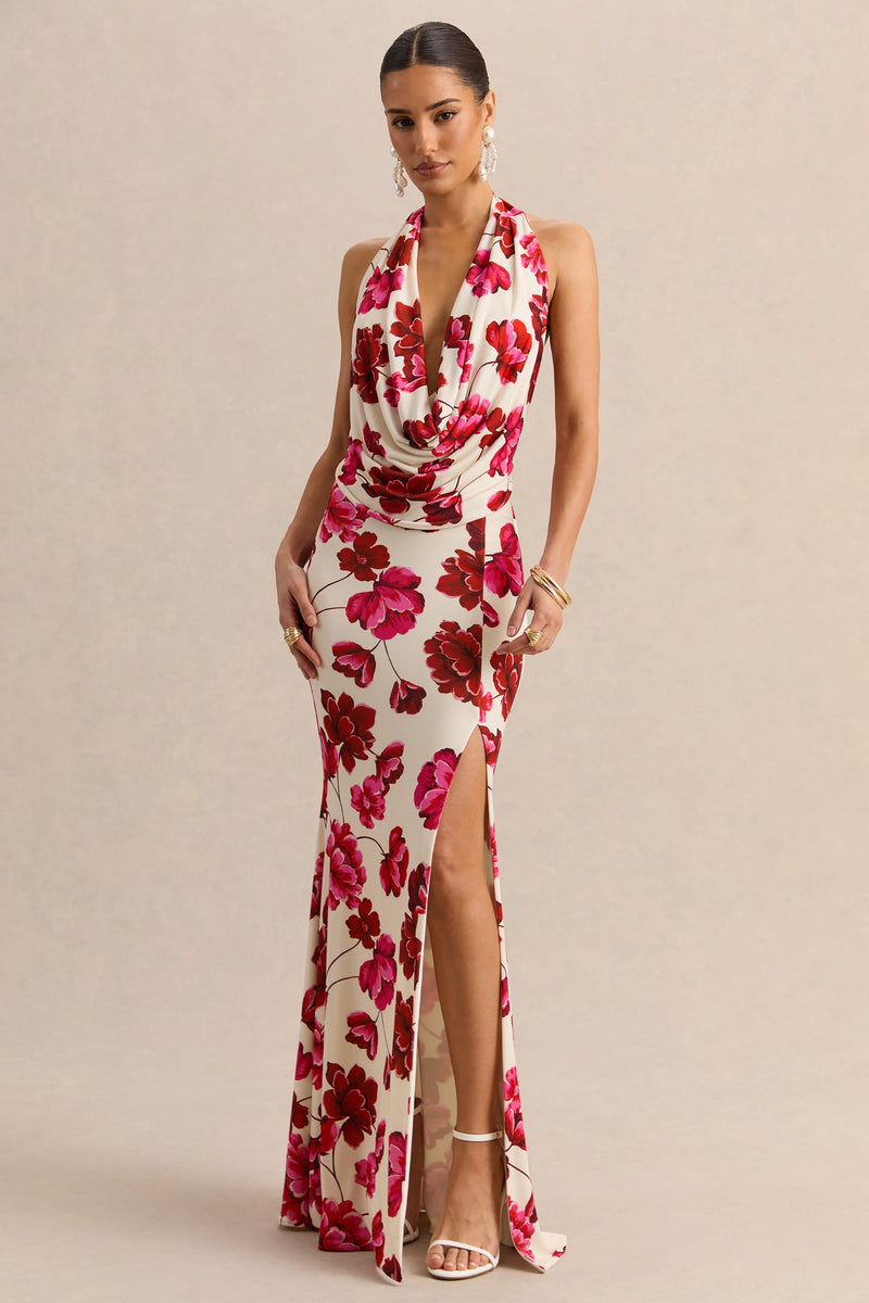 Flossie | Vestido maxi de escote pronunciado con estampado floral en crema y rosa