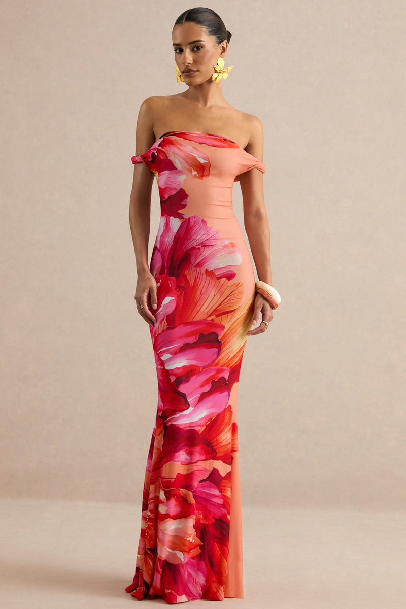 Katia | Vestido maxi rosa fucsia con estampado floral localizado y escote asimétrico