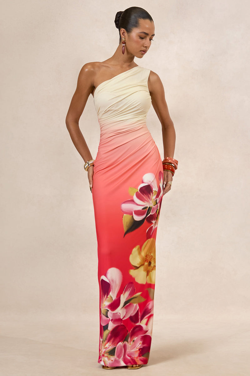 Hazel | Vestido maxi con estampado floral naranja y rosa y escote asimétrico