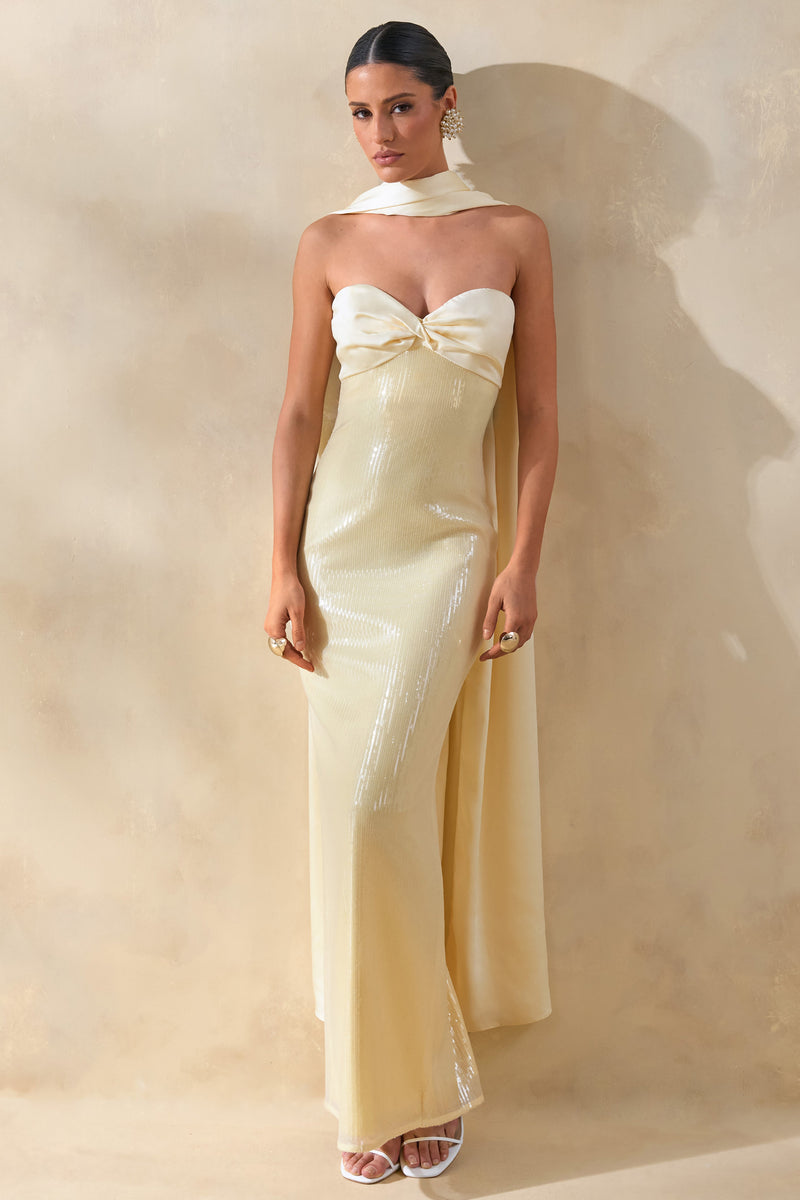 Stephanie | Vestido largo de lentejuelas color limón, estilo bandeau, con pañuelo