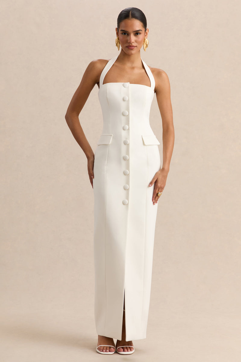 Steph | Vestido largo blanco entallado con cuello halter