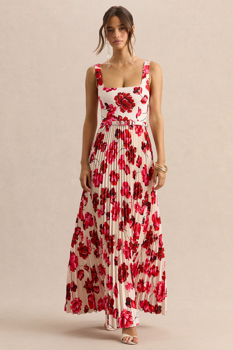 Danika | Vestido largo rosa fucsia con estampado floral, escote cuadrado, cinturón y falda plisada