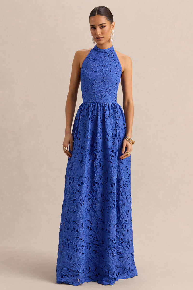 Indiana | Vestido largo azul marino de broderie con cuello halter