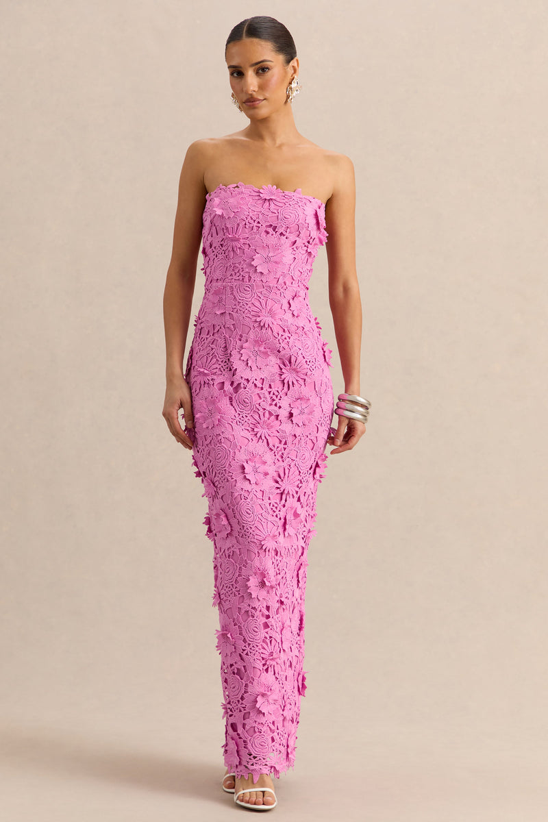 Gracie | Vestido largo de encaje rosa palabra de honor