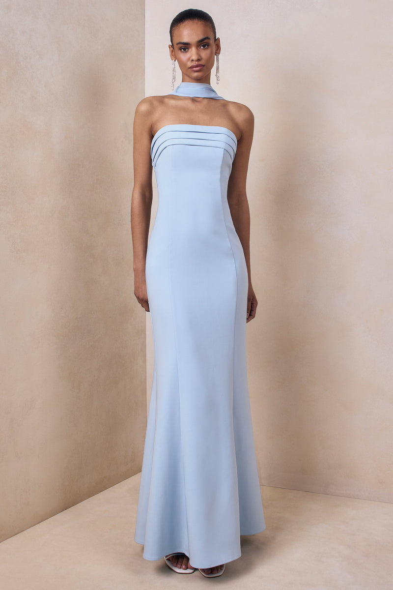 Nerissa | Vestido largo palabra de honor azul claro con pañuelo