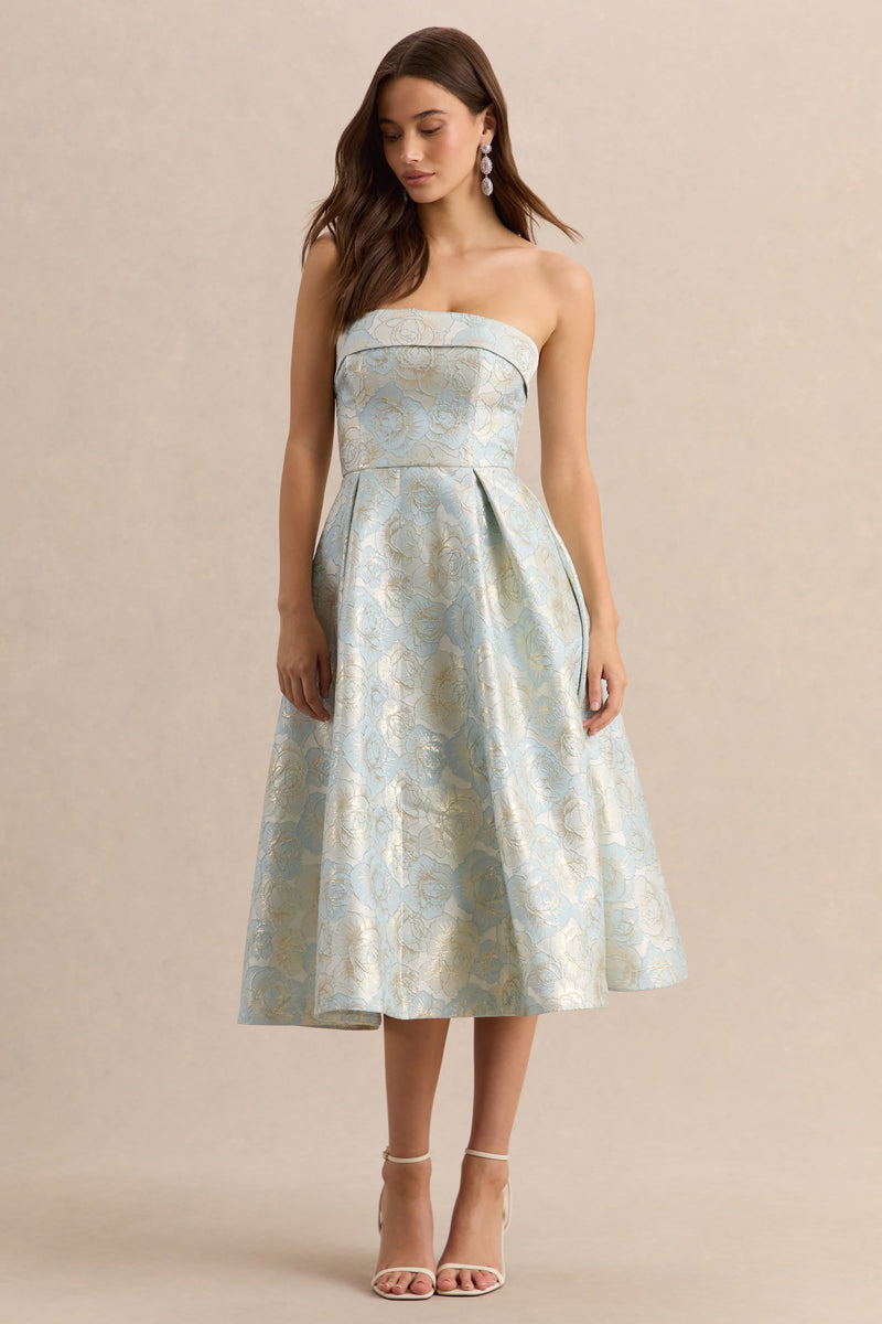 Tori | Vestido midi de jacquard azul empolvado, sin tirantes y de corte skater