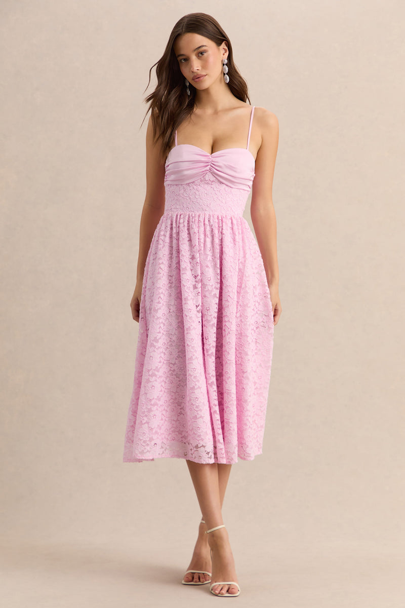 Gloriana | Vestido midi rosa de encaje con escote corazón