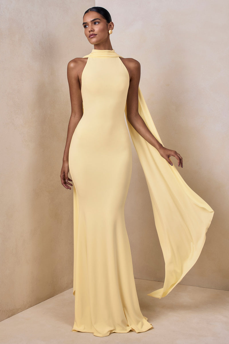 Cordy | Vestido maxi color limón de cuello alto con capa