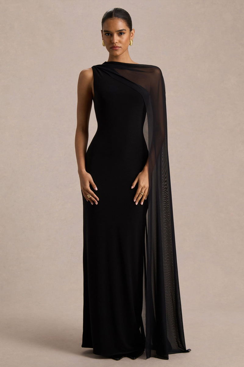 Mirelle | Vestido largo negro con escote asimétrico y mangas tipo capa transparentes