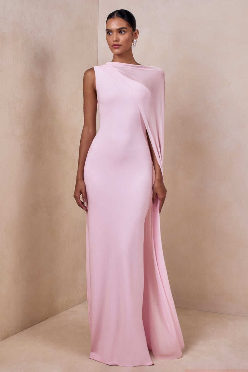 Mirelle | Vestido largo rosa claro con escote barco y mangas tipo capa