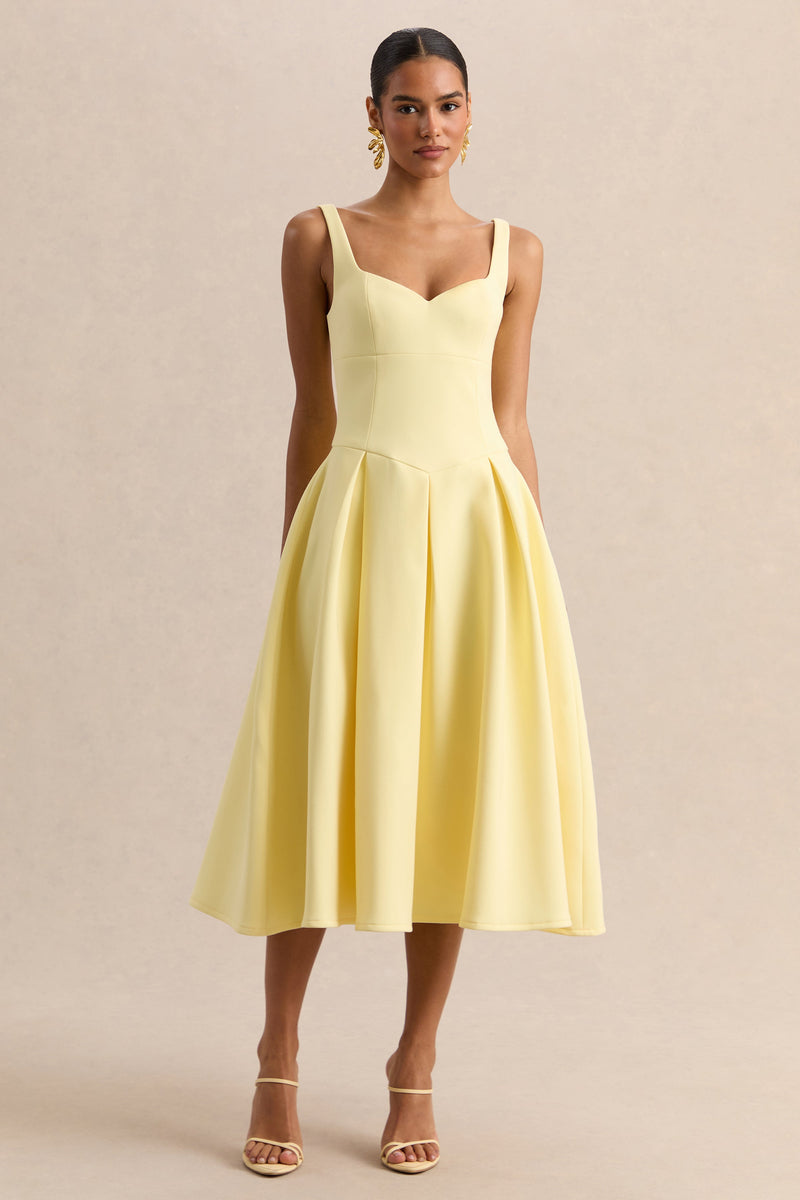 Greta | Vestido midi amarillo limón con escote corazón