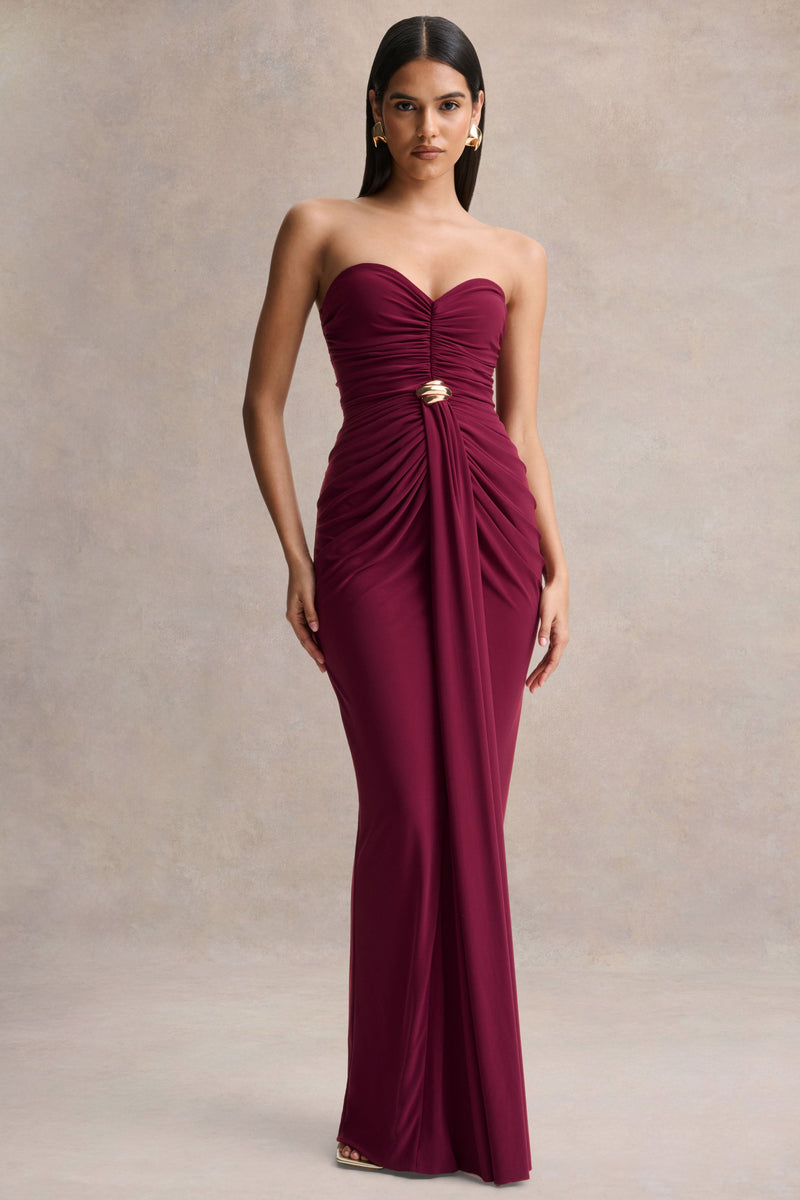 Beverly | Vestido maxi burdeos tipo bandeau con detalles fruncidos