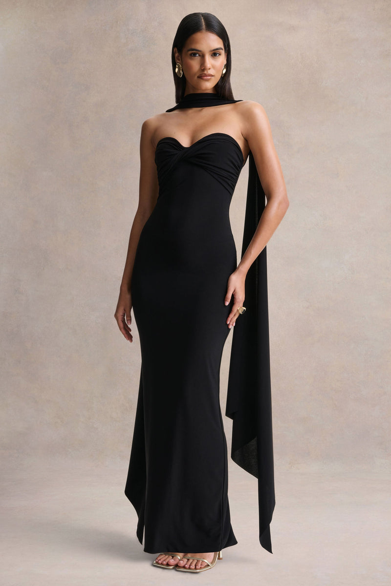 Sheila | Vestido maxi negro de palabra de honor con detalle de pañuelo