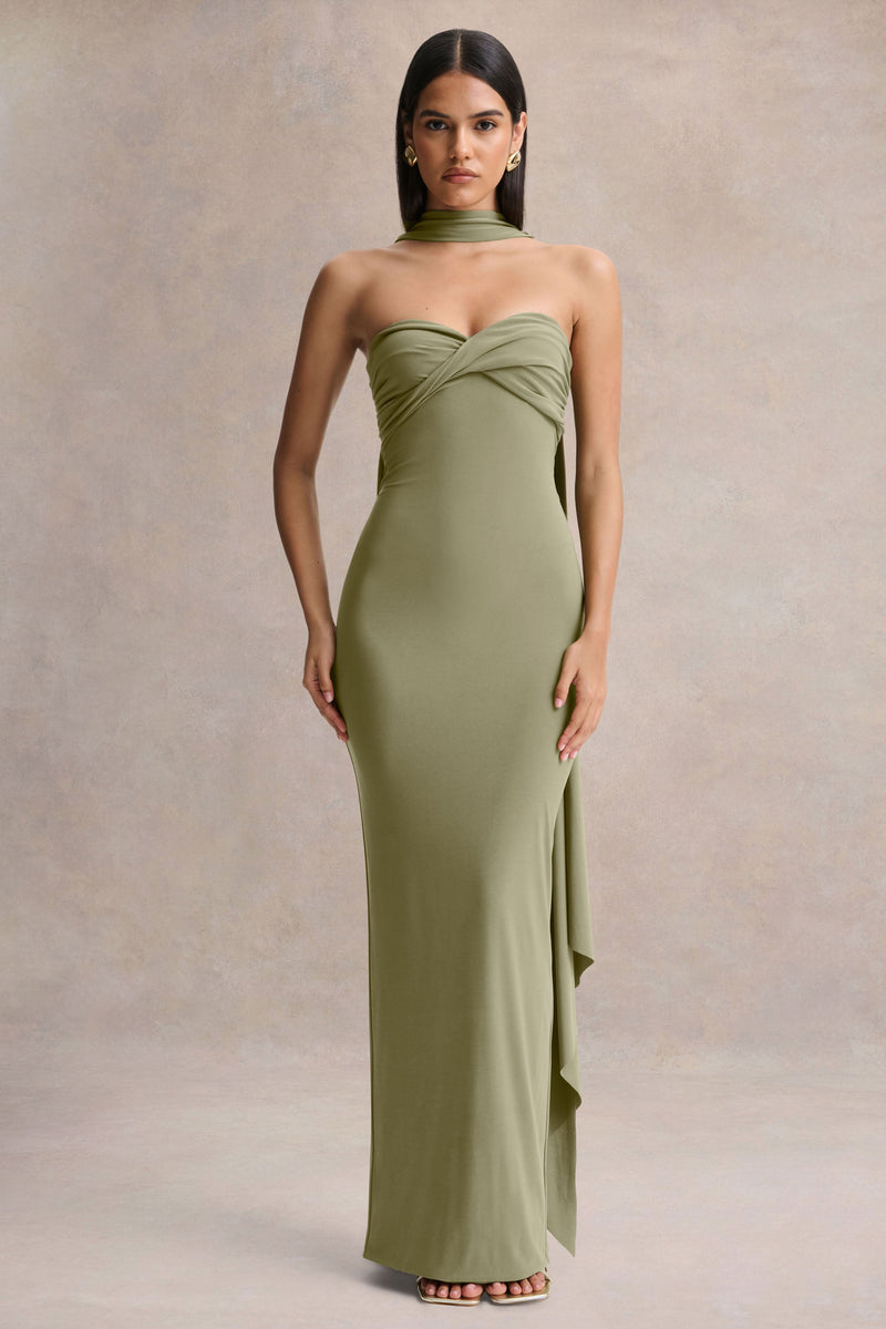 Sheila | Vestido maxi palabra de honor color oliva con detalle de pañuelo