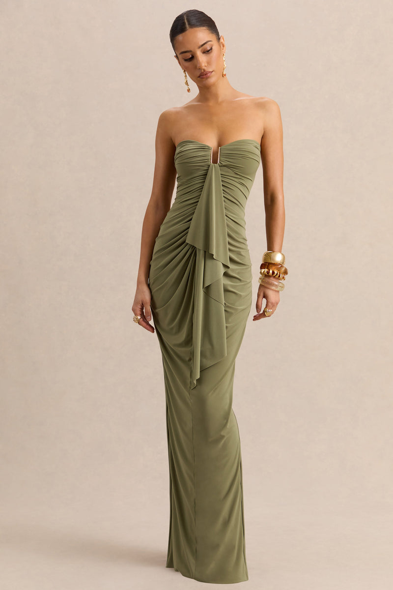 Chloe | Vestido maxi verde oliva palabra de honor con detalles de volantes