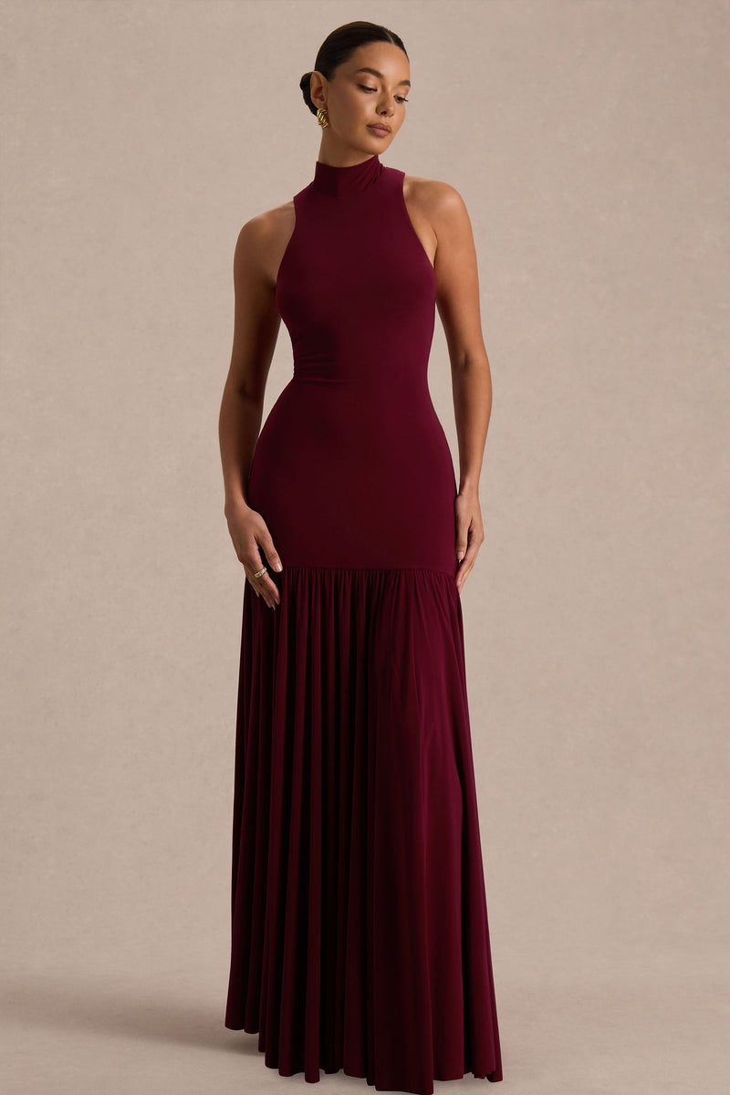 Tasmin | Vestido maxi burdeos de cuello alto con cintura caída
