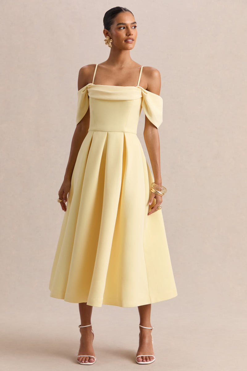 Cosima | Vestido midi amarillo limón con escote Bardot