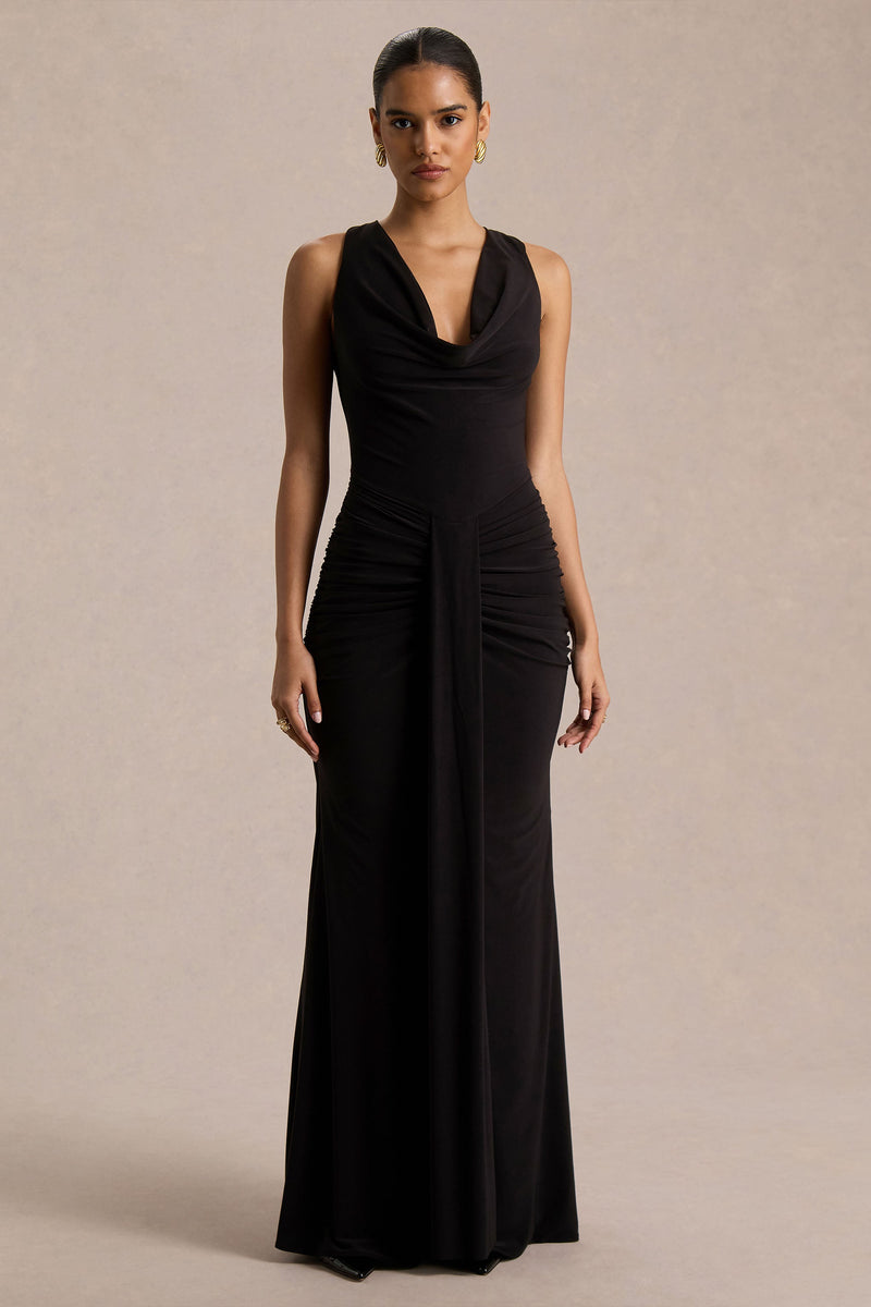 Mallie | Vestido maxi negro con escote drapeado y detalles fruncidos